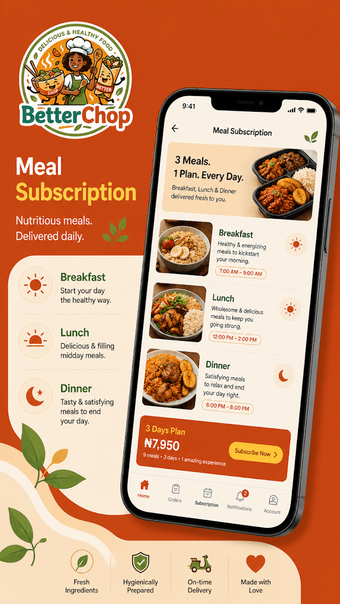 BetterChop app meal subscription with breakfast, lunch and dinner