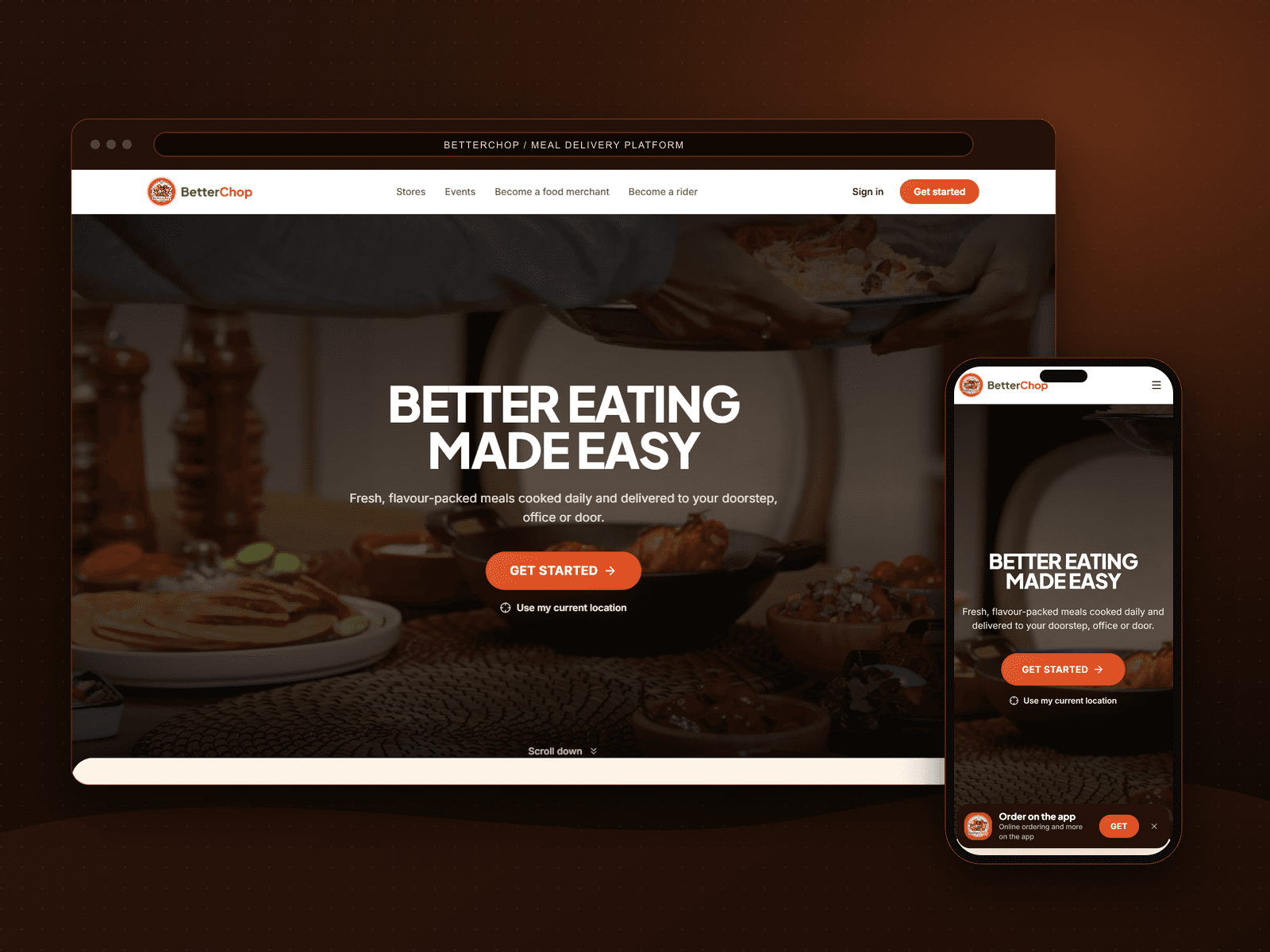BetterChop meal delivery website in a browser and phone mockup