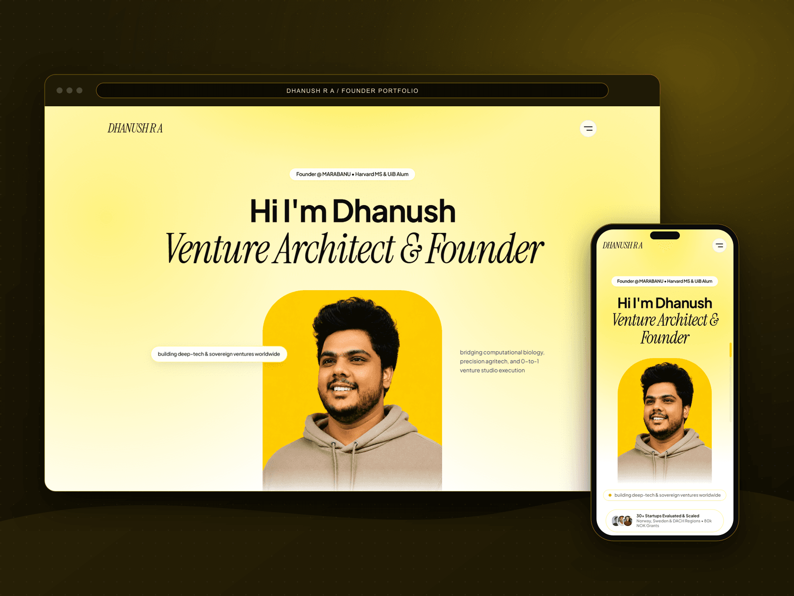 Dhanush R A founder portfolio in a browser and phone mockup