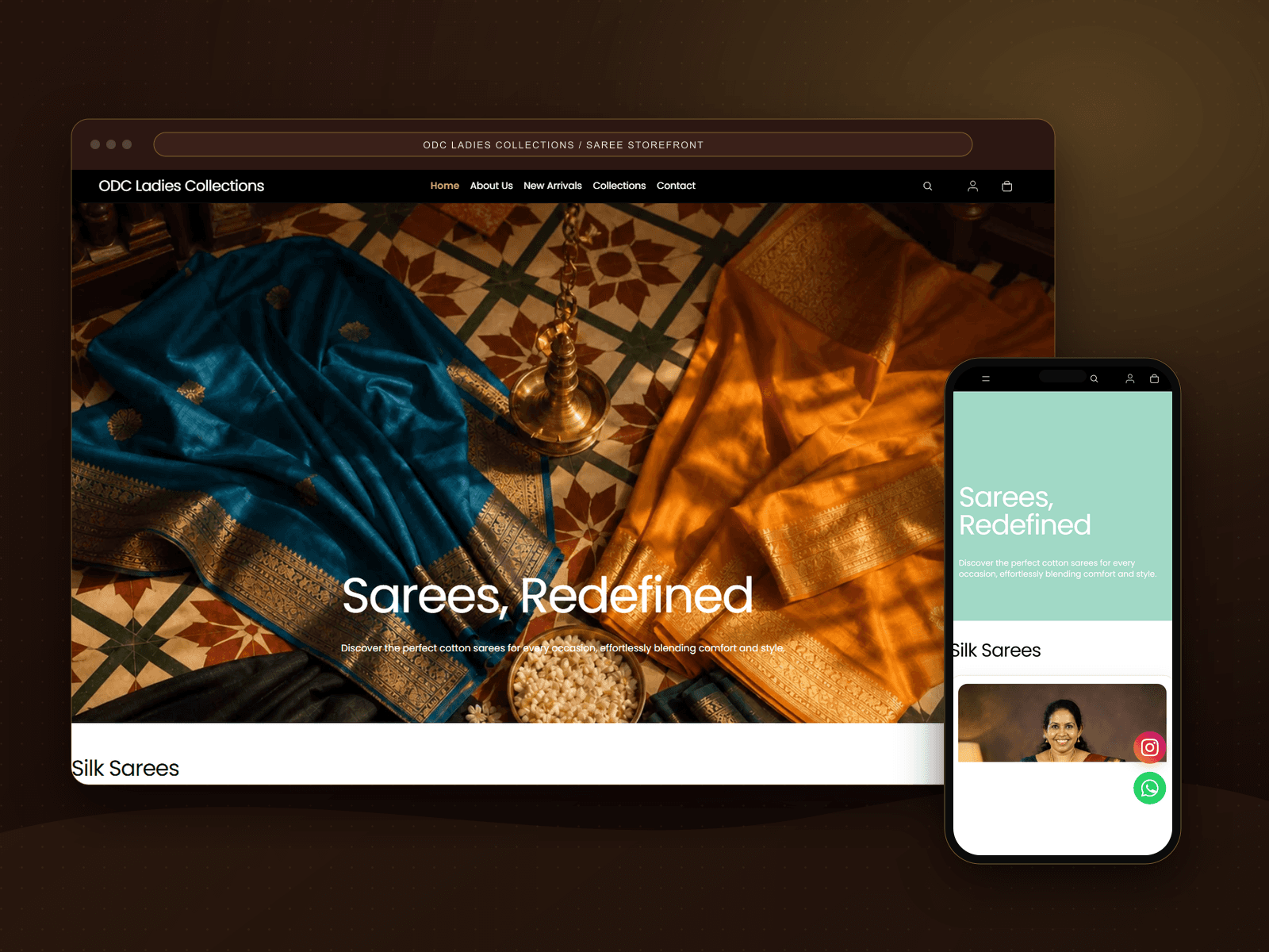 ODC Ladies Collections Sarees Redefined section in a browser and phone mockup