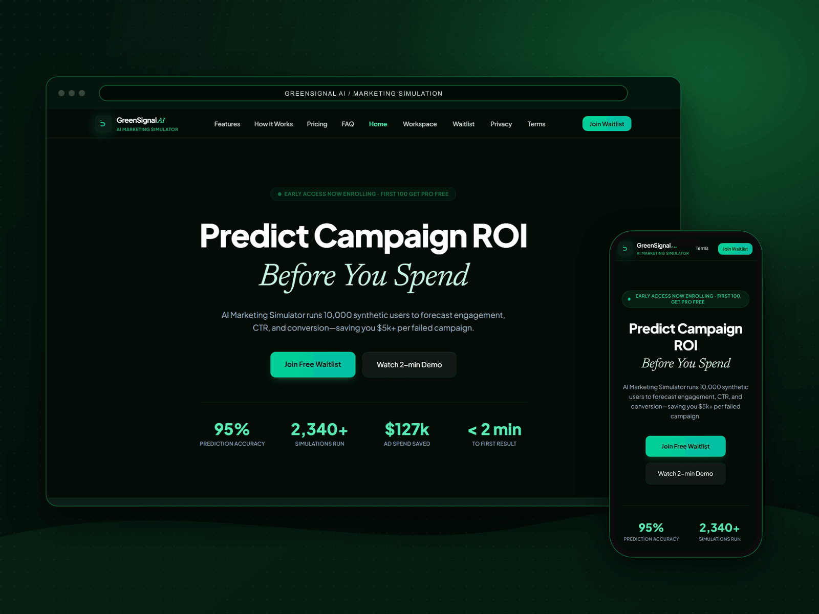 GreenSignal AI homepage in a browser and phone mockup
