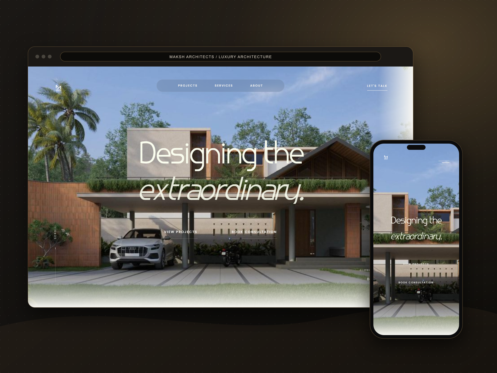 Maksh Architects website in a browser and phone mockup